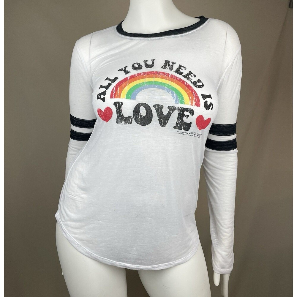 John Lennon Long Sleeve Jerry Leigh T-Shirt Women's L Sheer White Retro Rainbow